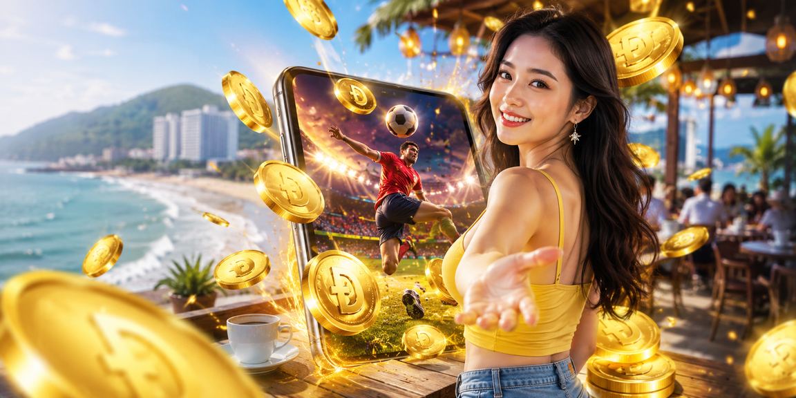 Người dùng tại Vũng Tàu đặt cược thể thao trực tuyến trên điện thoại bên ly cà phê buổi sáng